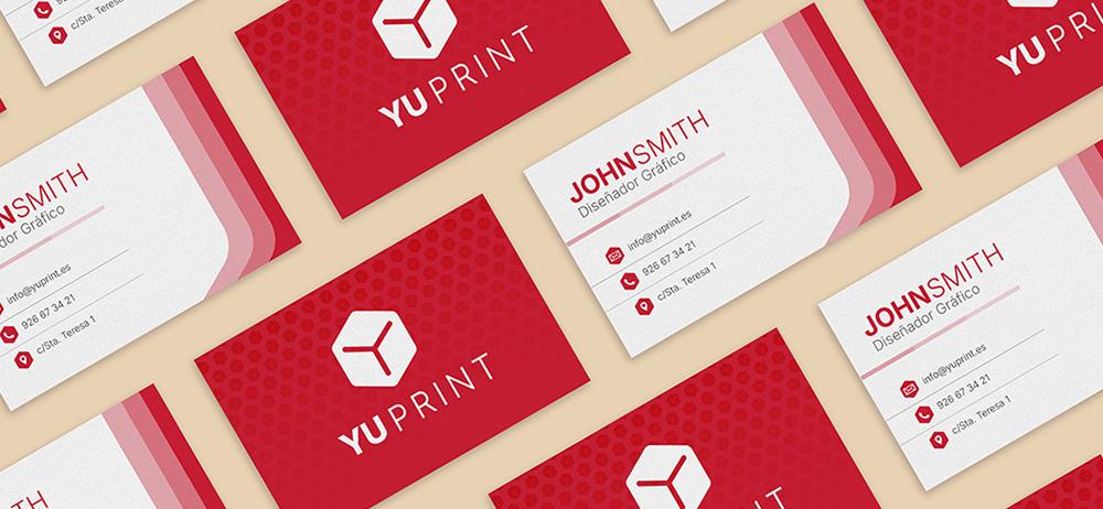 Diseño de tarjetas de presentación profesionales de Yuprint con estilo moderno en tonos rojos y blancos.
