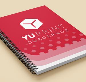 Cuaderno corporativo Yuprint con portada roja y espiral, perfecto para branding y uso diario.