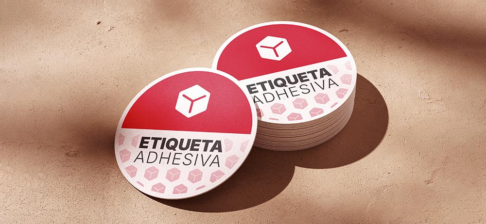 Etiquetas adhesivas redondas Yuprint con diseño moderno en rojo, ideales para branding y packaging.
