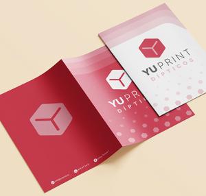 Dípticos corporativos Yuprint con portada elegante en rojo, perfectos para publicidad y papelería empresarial.