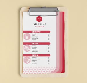 Menú impreso en tabla portamenús personalizado YUPrint para restaurantes en diseño moderno rojo y rosa.