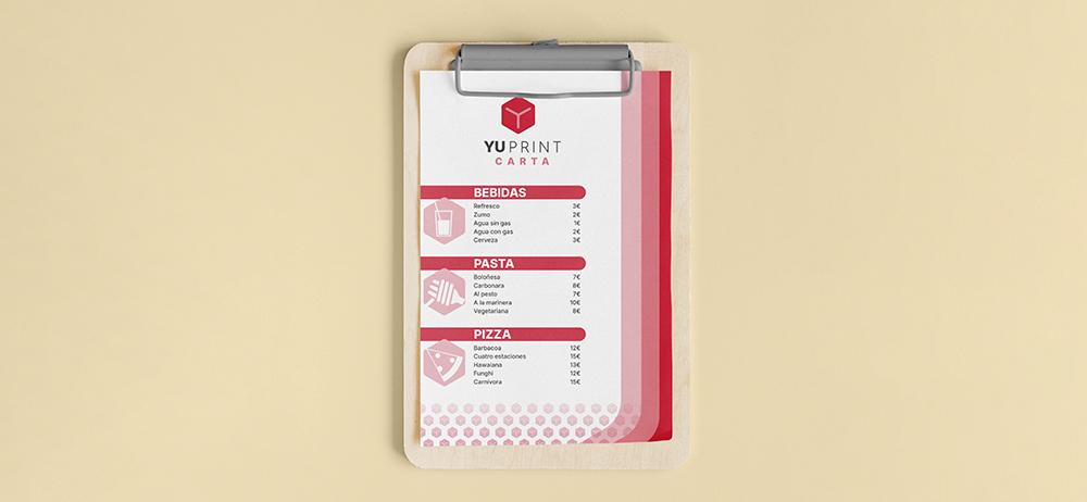 Menú impreso en tabla portamenús personalizado YUPrint para restaurantes en diseño moderno rojo y rosa.