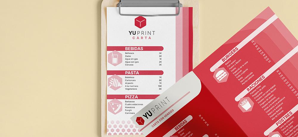Menú impreso YUPrint en portamenús y carta con hendido para negocios de hostelería con diseño moderno.