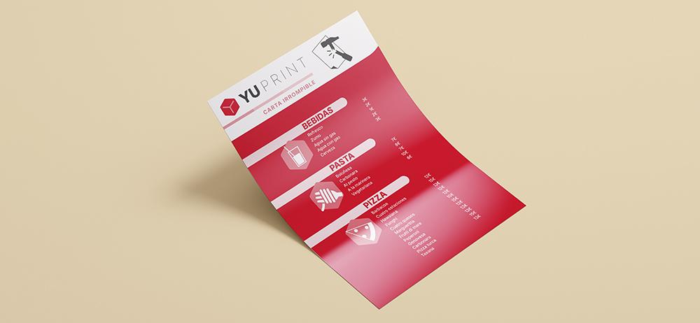 Carta irrompible YuPrint flexible y ultra resistente para bares y restaurantes, impresión premium.