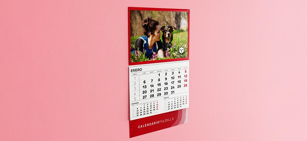 Calendario faldilla impreso personalizado con imagen y fechas destacadas en formato vertical