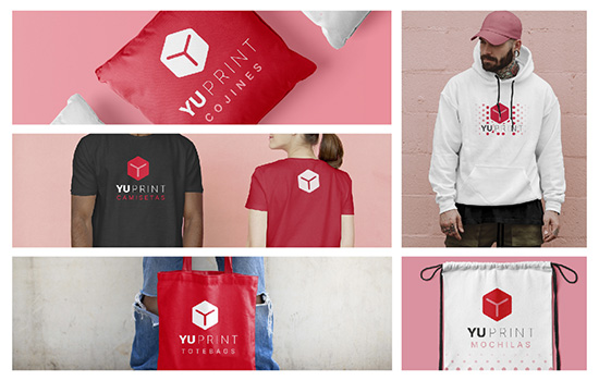 Productos textiles personalizados Yuprint: camisetas, sudaderas, tote bags, mochilas y cojines impresos para marca y merchan.