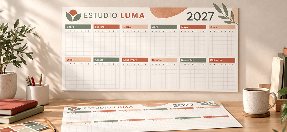 Planificador anual 2027 del estudio ficticio Luma, colgado sobre una mesa con muestras de color