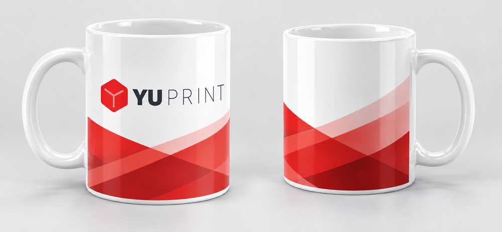 Tazas blancas personalizadas con logo de Yuprint y diseño de ondas rojas, vistas por delante y por detrás