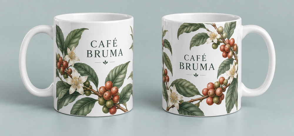 Tazas personalizadas de Café Bruma con ilustraciones de hojas, flores y frutos de café