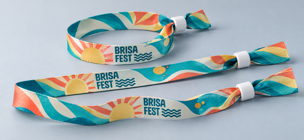 Pulseras de tela personalizadas para Brisa Fest con diseño de sol y olas en turquesa, amarillo y coral